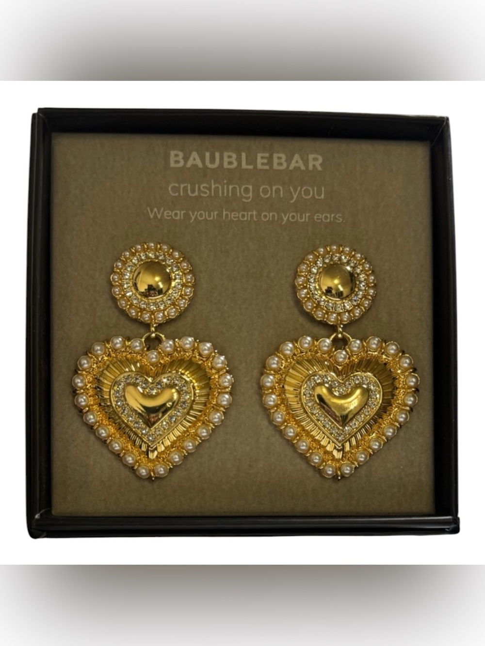 BaubleBar Heart Drop Earrings Gold Faux Pearl Rhinestone Statement